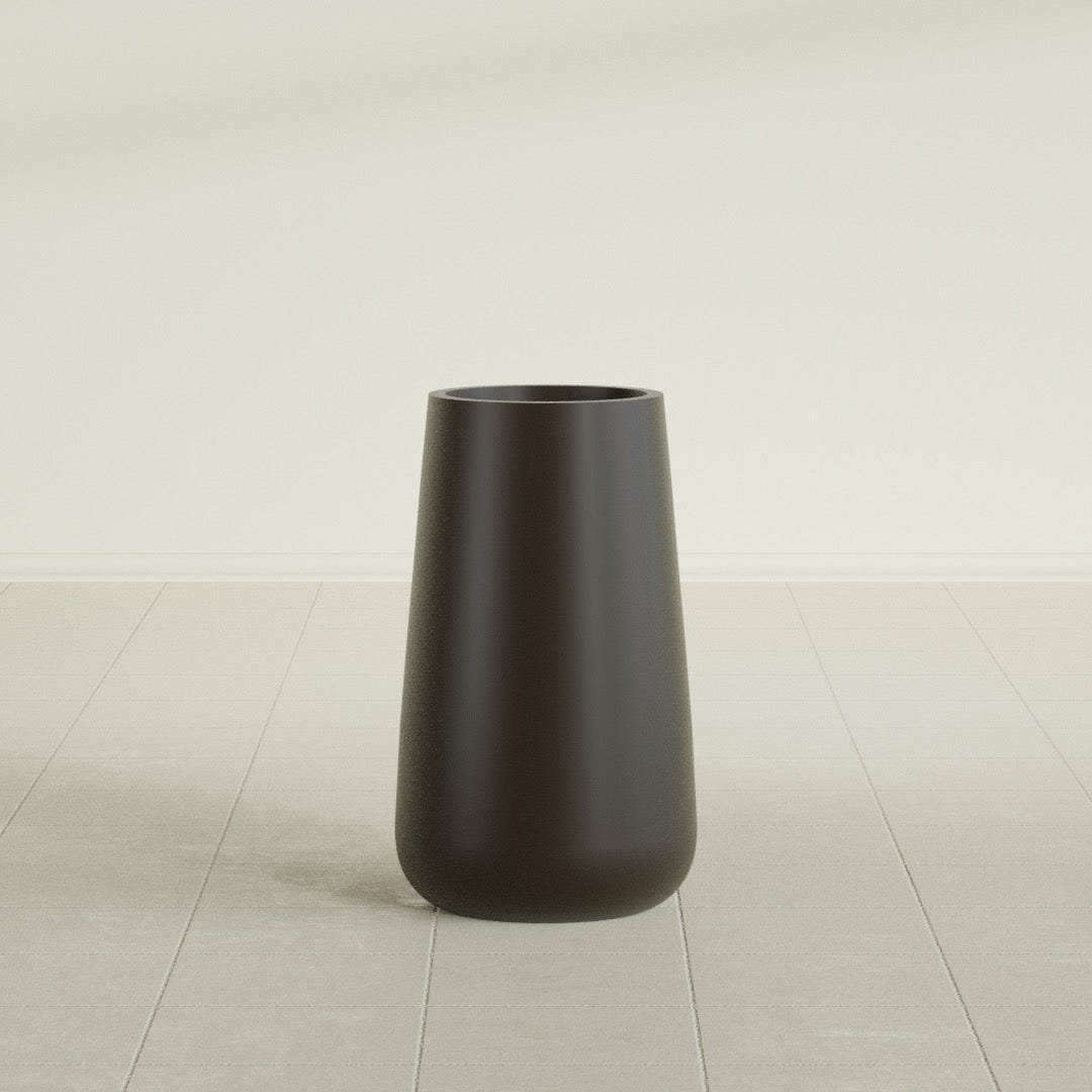 Saigon Tapered Round Planter in Matte Dark Brown, 14"D × 30"H, shown empty