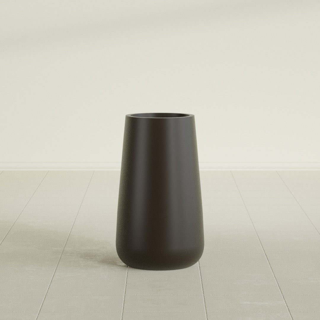 Saigon Tapered Round Planter in Matte Dark Brown, 14"D × 30"H, shown empty