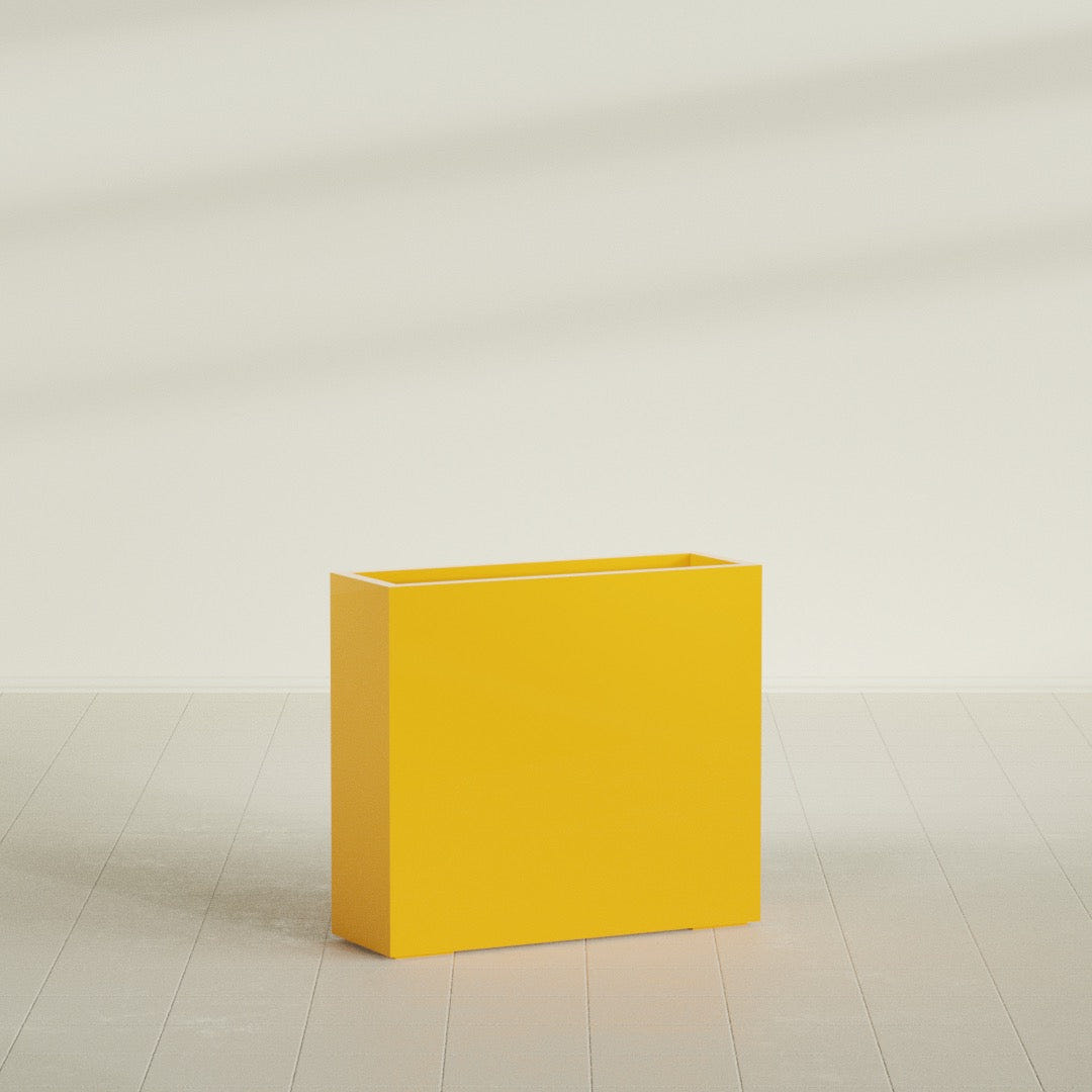 Delray Rectangular Planter in Gloss Saffron, 36"L × 12"D × 32"H, shown empty