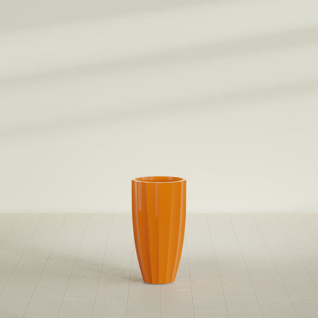 San Jose Tall Fluted Planter in Gloss Tangerine, 16"D × 30"H, shown empty