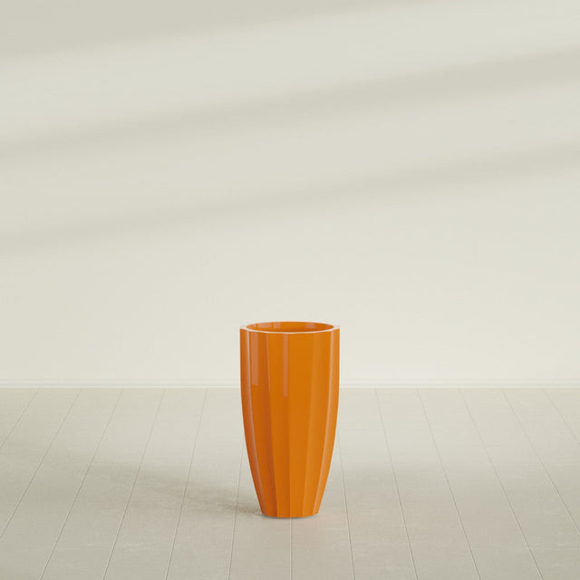 San Jose Tall Fluted Planter in Gloss Tangerine, 16"D × 30"H, shown empty