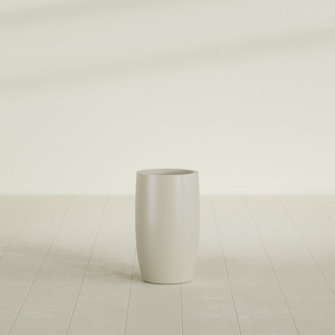 Lisbon tall round tapered fiberglass planter in Satin Beige, 14 in diameter, 25 in high, shown empty