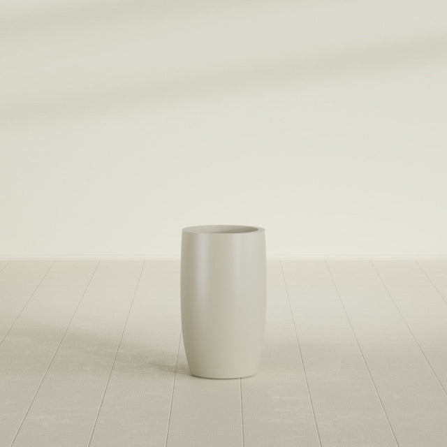Lisbon tall round tapered fiberglass planter in Satin Beige, 14 in diameter, 25 in high, shown empty