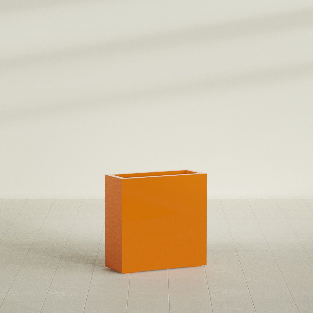 Milano Narrow Rectangular Planter in Gloss Tangerine, 24"L × 10"D × 24"H, shown empty