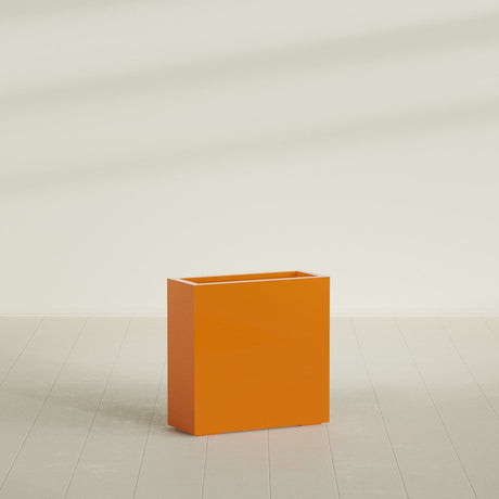 Milano Narrow Rectangular Planter in Gloss Tangerine, 24"L × 10"D × 24"H, shown empty