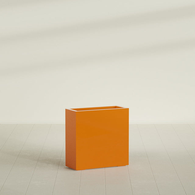 Milano Narrow Rectangular Planter in Gloss Tangerine, 24"L × 10"D × 24"H, shown empty