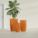 Lisbon Tall Round fiberglass planter in Gloss Tangerine, size range, in a sunlit interior