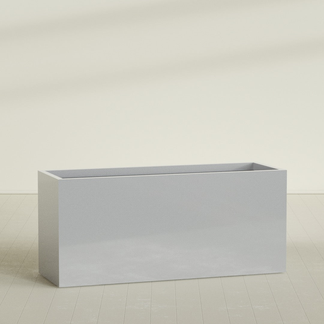 Brisbane Rectangular Planter in Metallic Silver, 72"L × 24"D × 32"H, shown empty