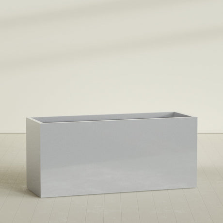 Brisbane Rectangular Planter in Metallic Silver, 72"L × 24"D × 32"H, shown empty