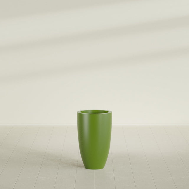 Brannan Tapered Round Planter in Satin Green, 18"D × 29"H, shown empty