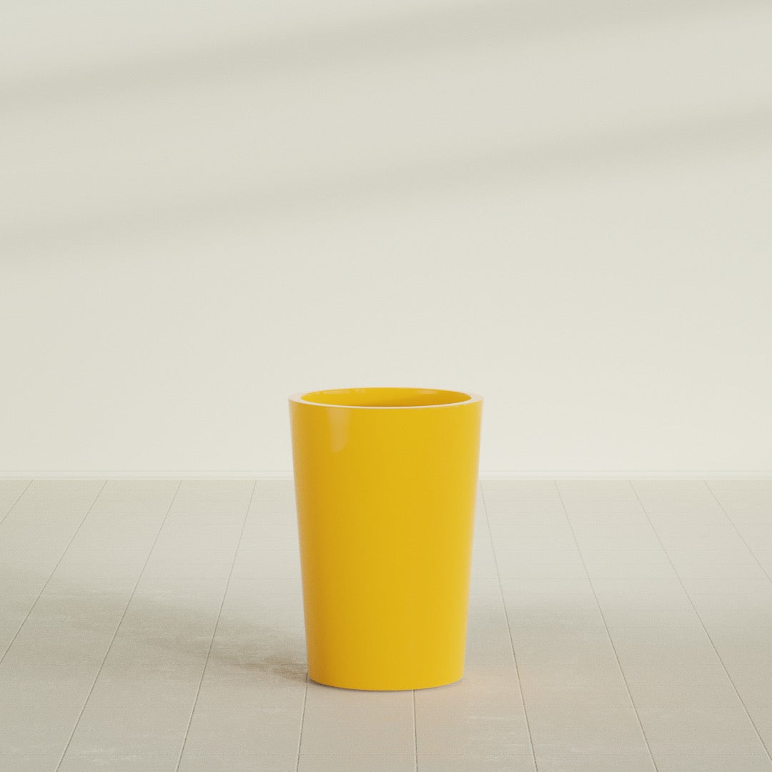 Tegel Round Tapered Planter in Gloss Saffron, 18"D × 26"H, shown empty
