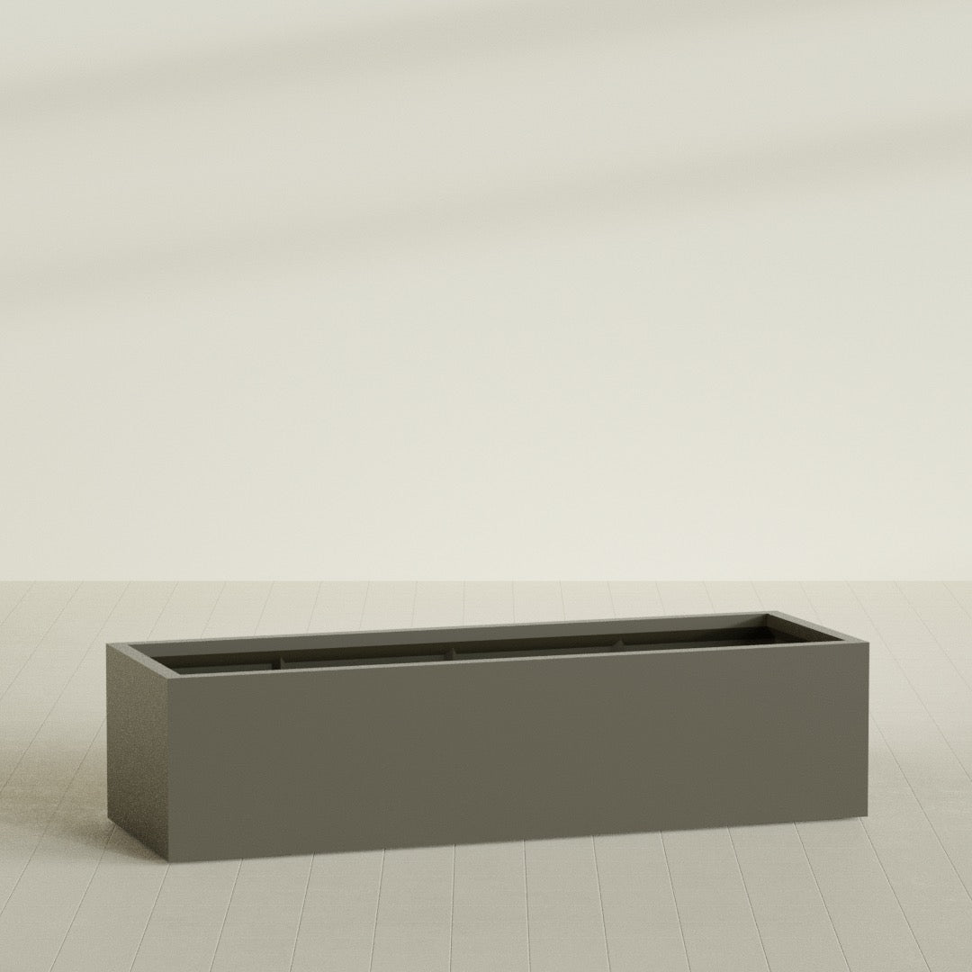 Torino Wide Rectangular Planter in Matte Bronze, 72"L × 24"D × 18"H, shown empty