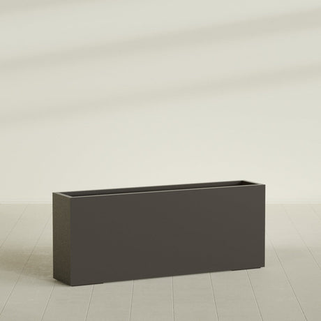 Hollywood Narrow Rectangular Planter in Matte Dark Brown, 60"L × 12"D × 24"H, shown empty