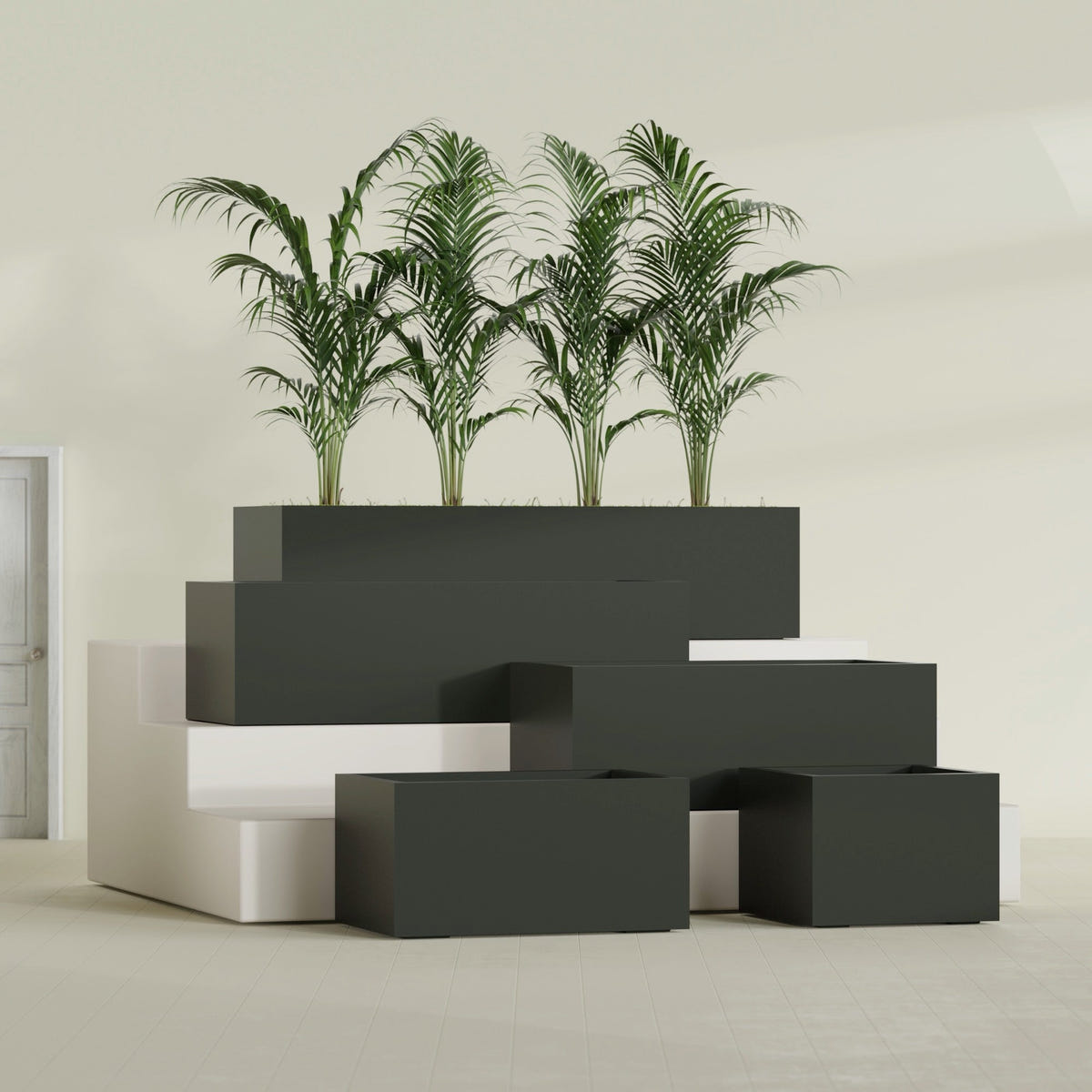 Torino Wide Rectangular fiberglass planter in Matte Charcoal, size range, in a sunlit interior