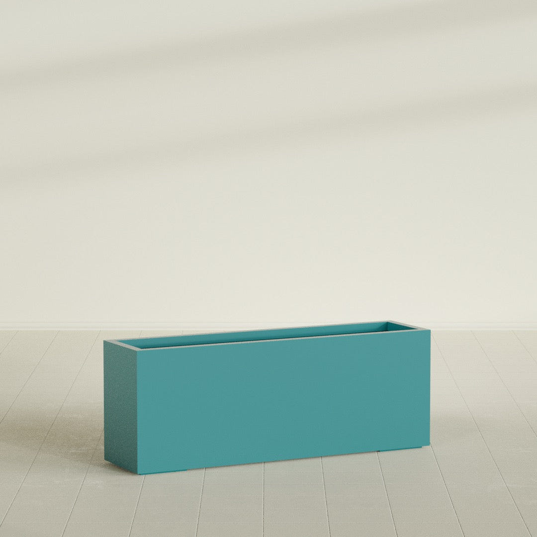 Miami Narrow Rectangular Planter in Satin Seafoam Green, 48"L × 12"D × 18"H, shown empty