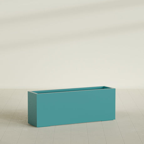 Miami Narrow Rectangular Planter in Satin Seafoam Green, 48"L × 12"D × 18"H, shown empty