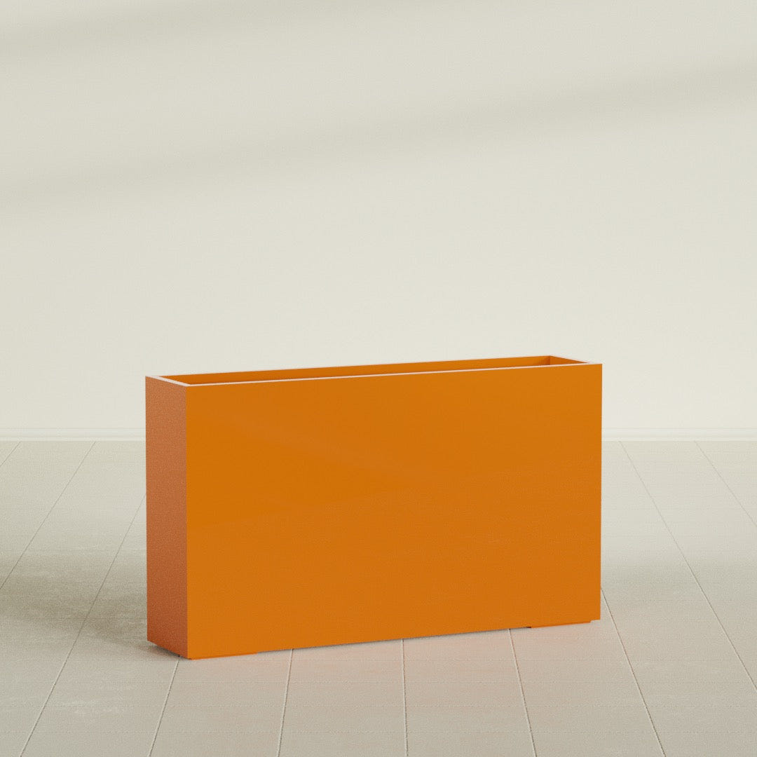 Perth Rectangular Planter in Gloss Tangerine, 72"L × 16"D × 42"H, shown empty