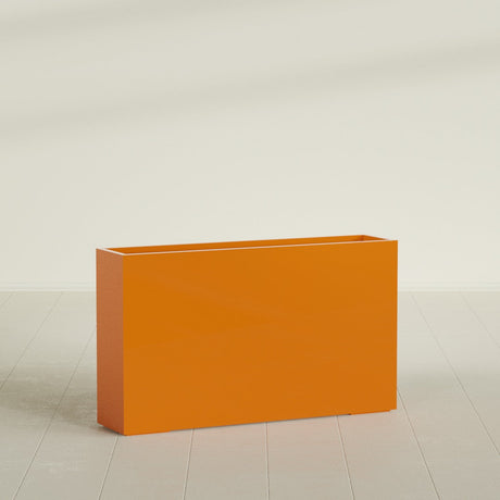 Perth Rectangular Planter in Gloss Tangerine, 72"L × 16"D × 42"H, shown empty