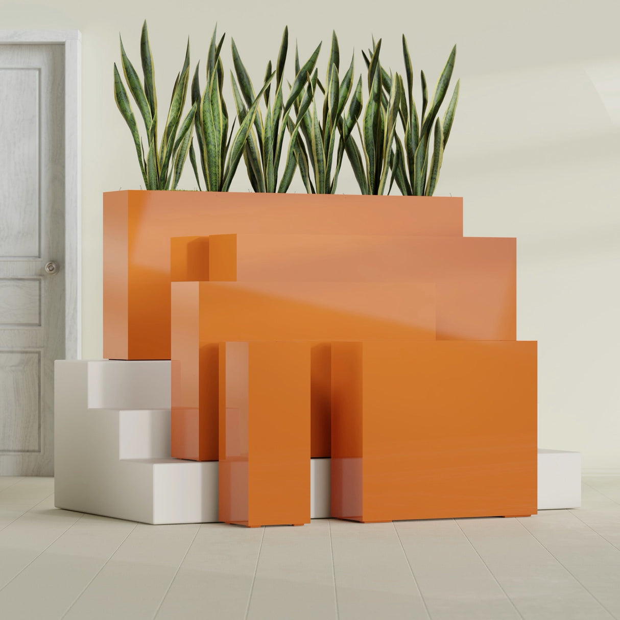 Delray Corner fiberglass planter in Gloss Tangerine, size range, in a sunlit interior