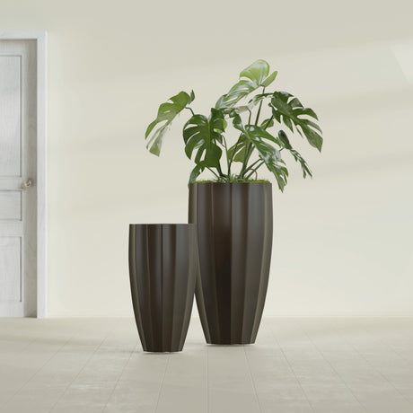 San Jose Tall Fluted fiberglass planter in Matte Dark Brown, size range, in a sunlit interior