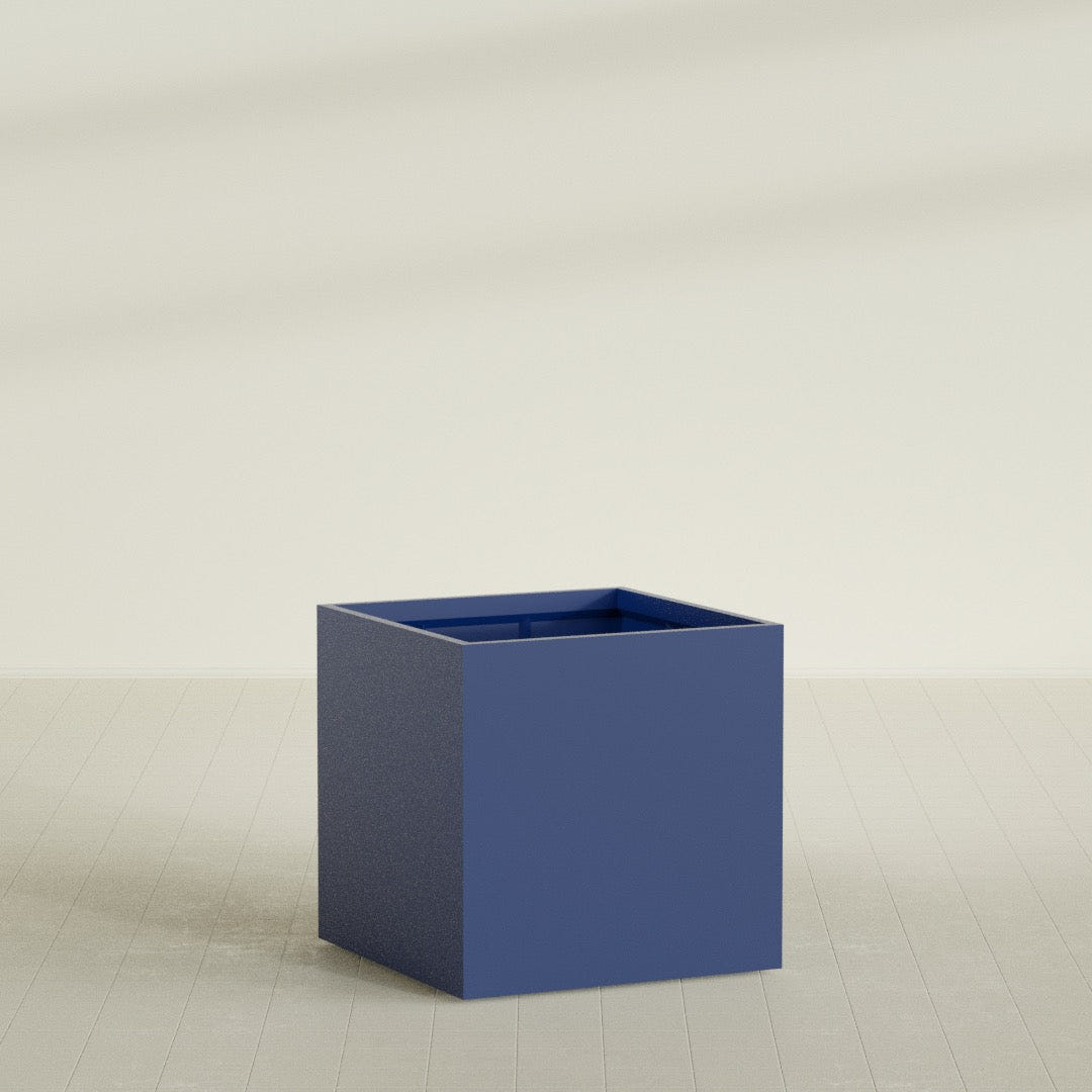 Montroy Cube Planter in Matte Cobalt Blue, 40", shown empty