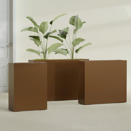 Amesbury Narrow Rectangular fiberglass planter in Metallic Bronze, size range, in a sunlit interior