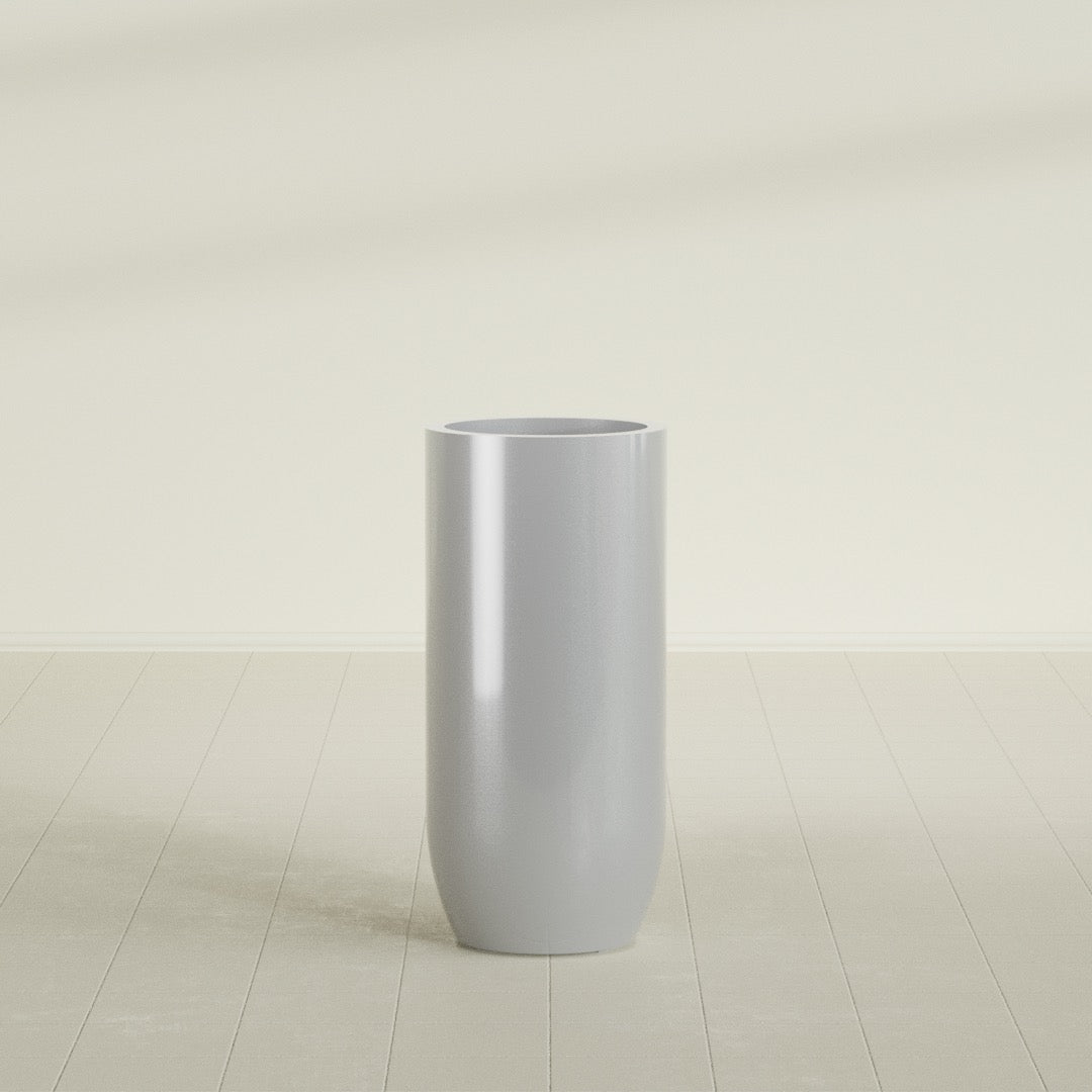 Saint Tropez Bullet Round Planter in Metallic Silver, 20"D × 43"H, shown empty