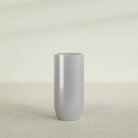 Saint Tropez Bullet Round Planter in Metallic Silver, 20"D × 43"H, shown empty