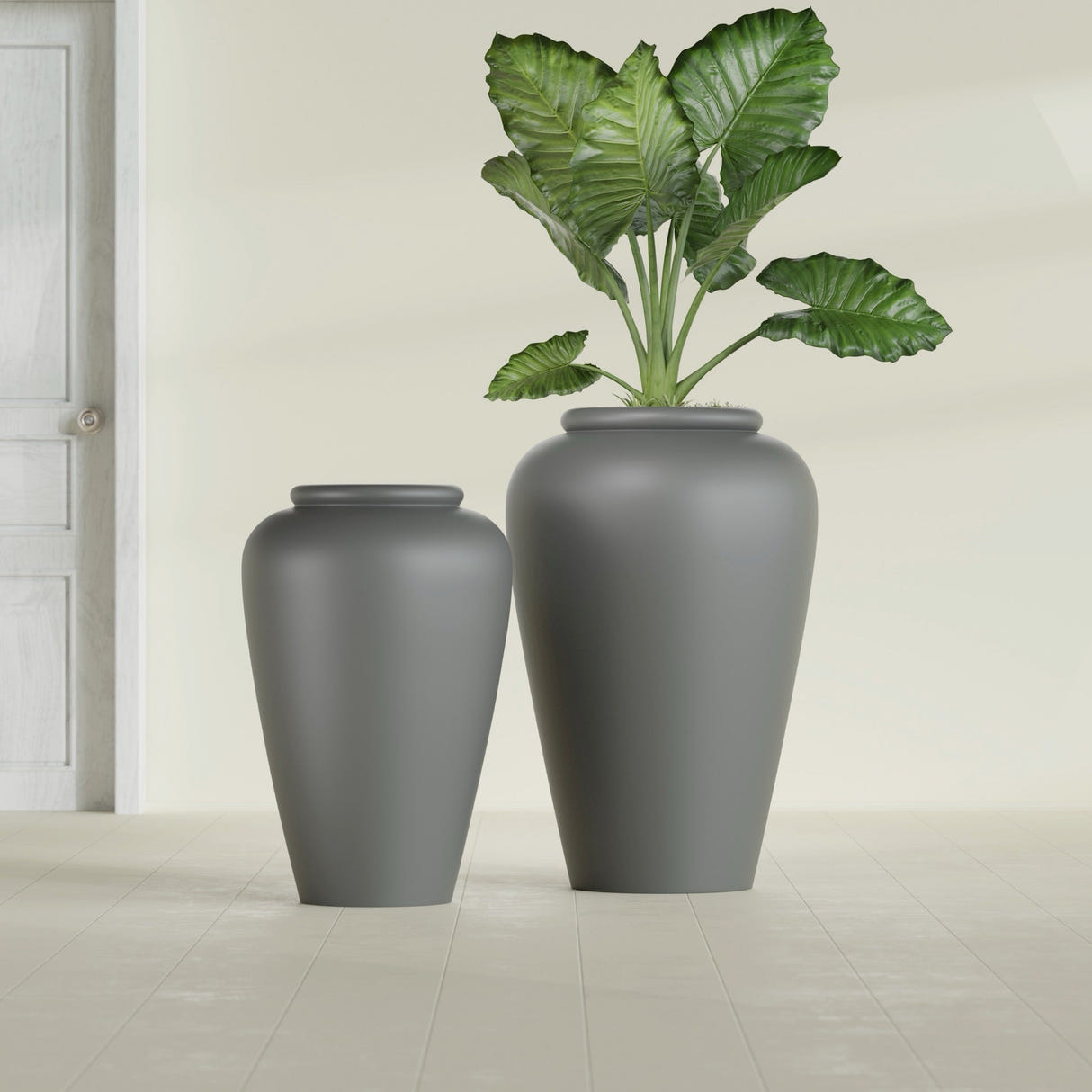 Barà Jar fiberglass planter in Matte Gunmetal, size range, in a sunlit interior