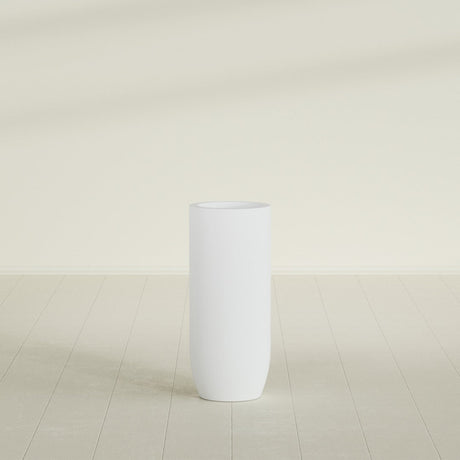 Saint Tropez Bullet Round Planter in Gloss Bright White, 16"D × 38"H, shown empty