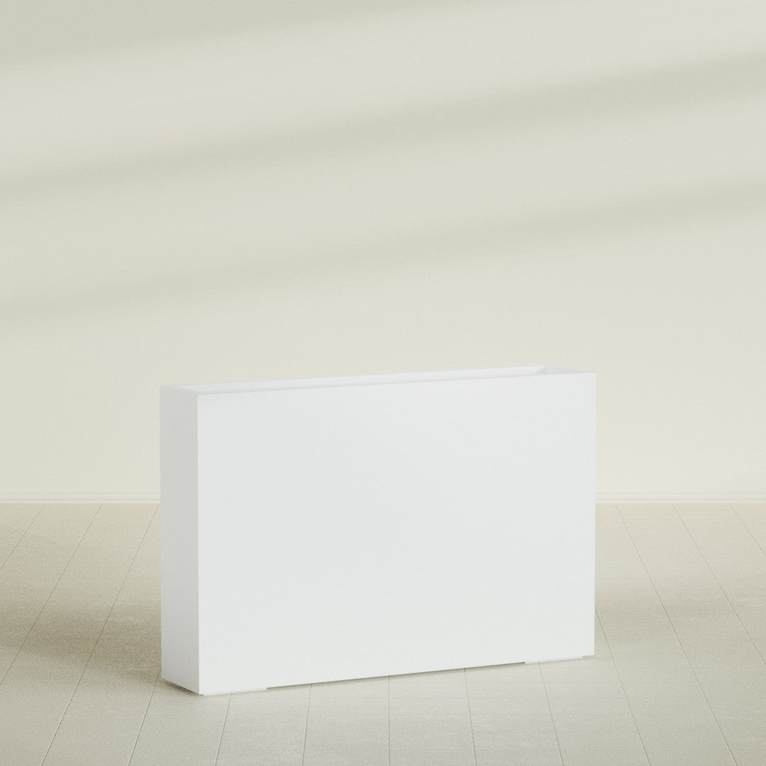 Amesbury Narrow Rectangular Planter in Matte Bright White, 48"L × 10"D × 32"H, shown empty
