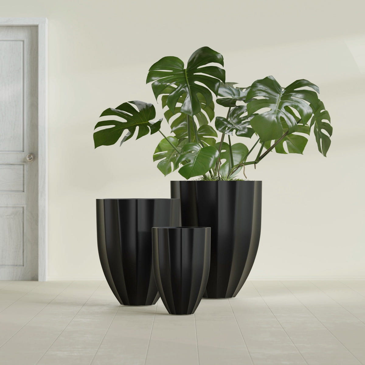 Alicante Fluted Planter in Matte Black, 15"D × 21"H, shown empty