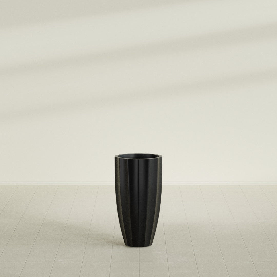 San Jose Tall Fluted Planter in Matte Black, 16"D × 30"H, shown empty
