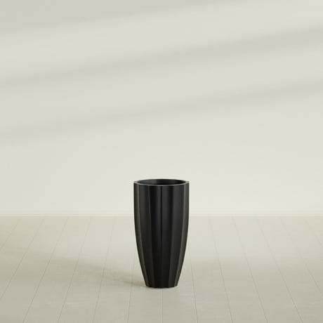 San Jose Tall Fluted Planter in Matte Black, 16"D × 30"H, shown empty