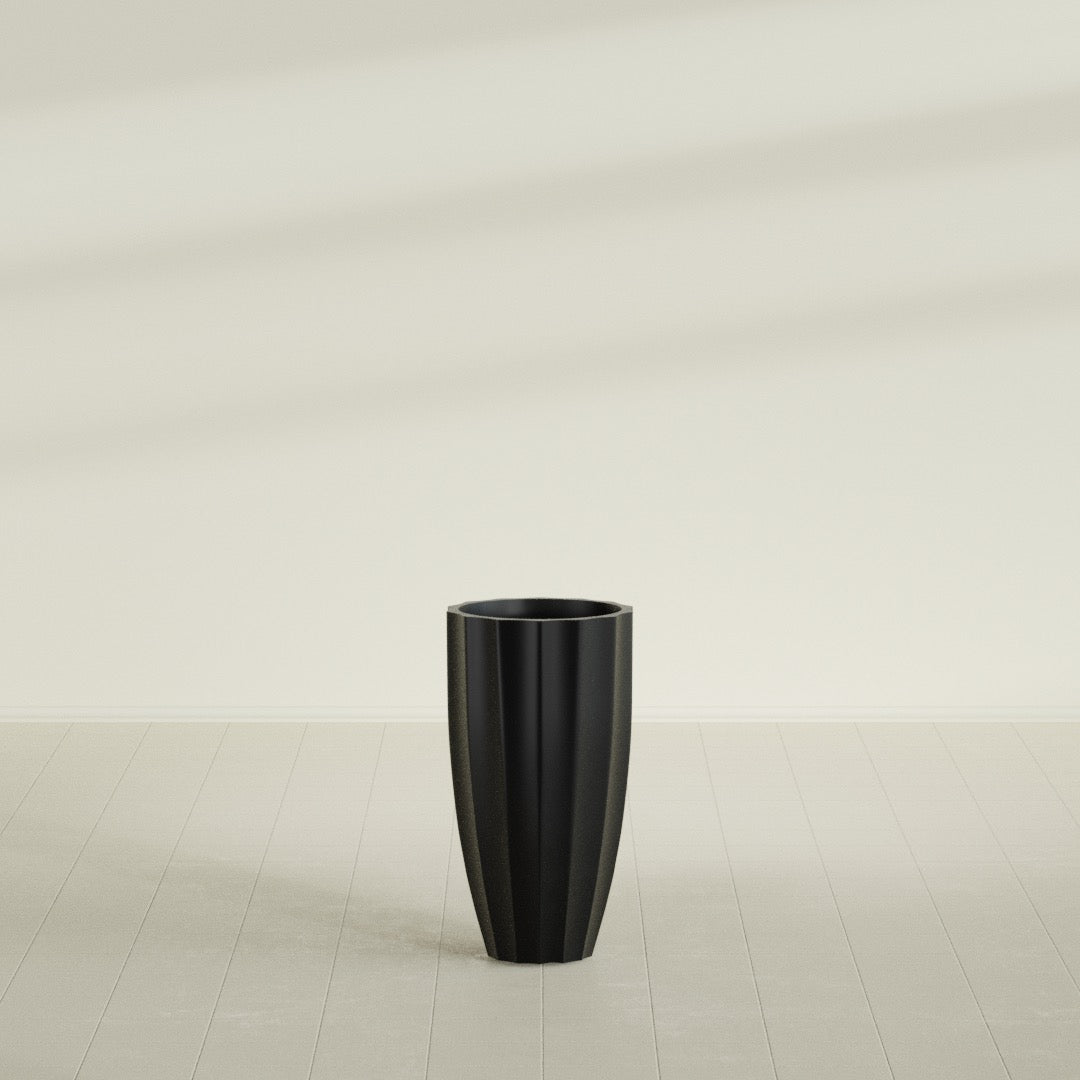 San Jose Tall Fluted Planter in Matte Black, 16"D × 30"H, shown empty