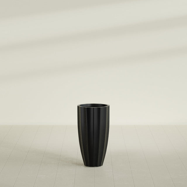 San Jose Tall Fluted Planter in Matte Black, 16"D × 30"H, shown empty