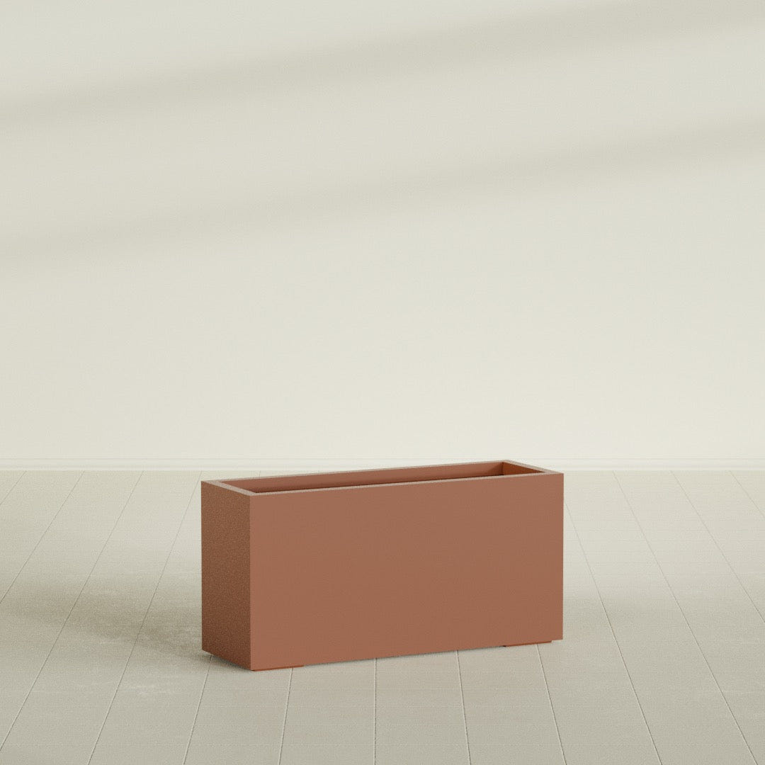 Miami Narrow Rectangular Planter in Matte Terra Cotta, 36"L × 12"D × 18"H, shown empty