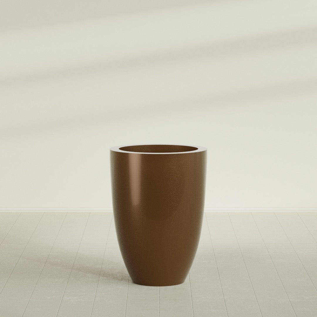 Brannan Tapered Round Planter in Metallic Bronze, 30"D × 41"H, shown empty