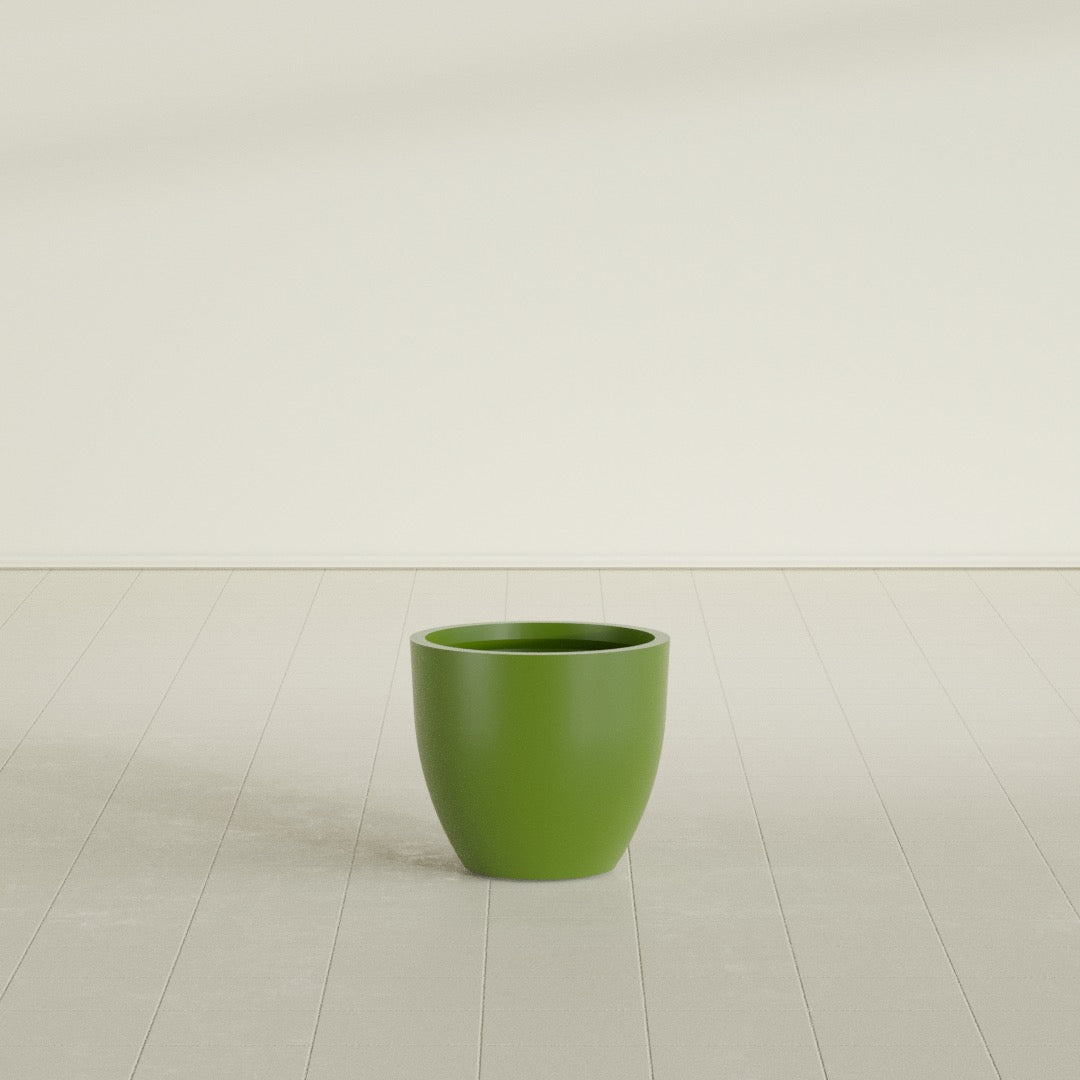 Wannsee Round Planter in Satin Green, 22"D × 19"H, shown empty