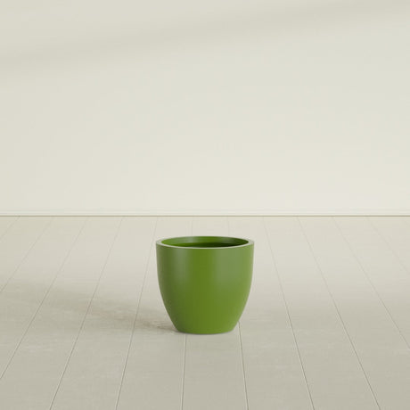 Wannsee Round Planter in Satin Green, 22"D × 19"H, shown empty