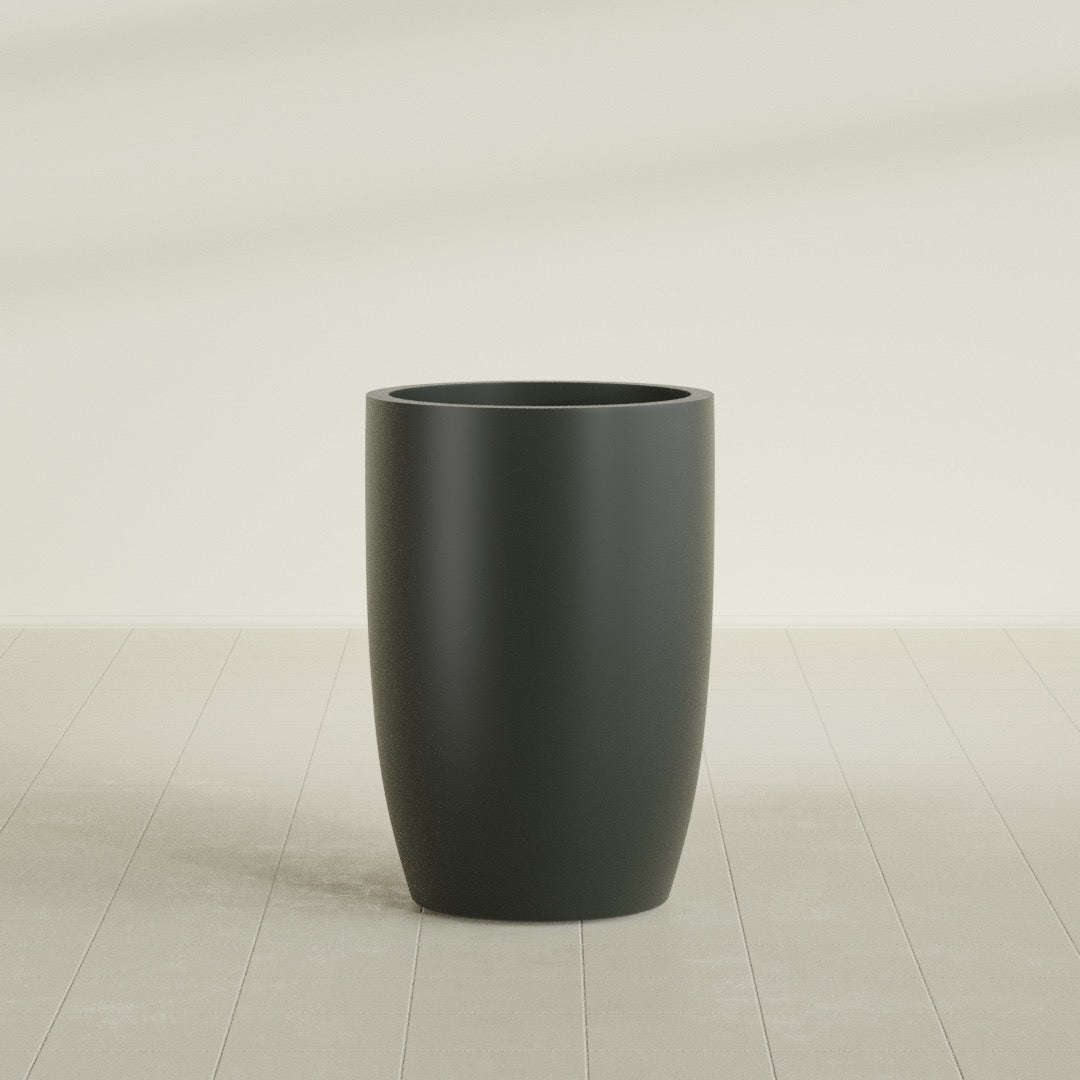Lisbon tall round tapered fiberglass planter in Matte Charcoal, 24 in diameter, 36 in high, shown empty