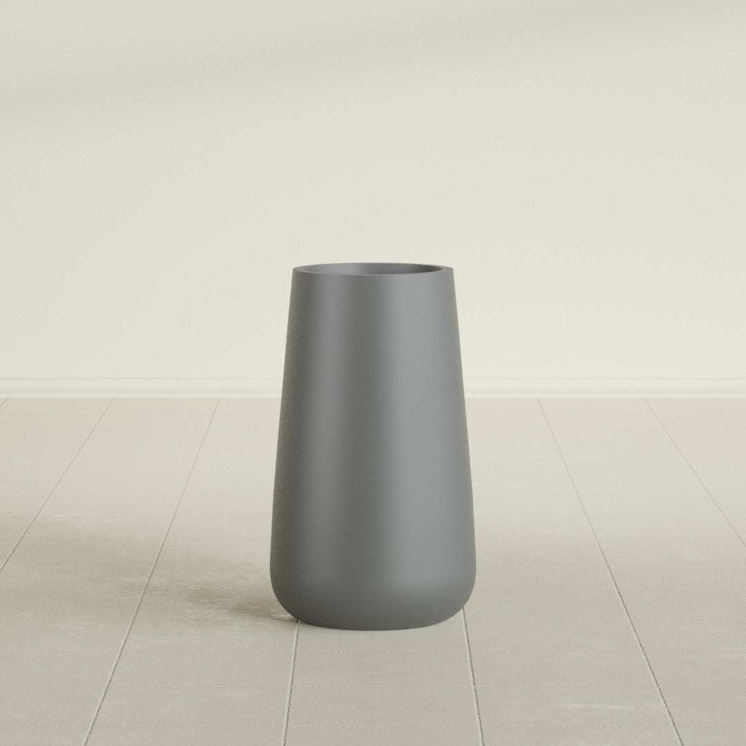 Saigon Tapered Round Planter in Matte Gunmetal, 14"D × 30"H, shown empty
