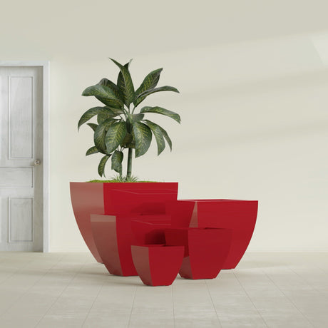 Lima Tapered Square fiberglass planter in Gloss Red, size range, in a sunlit interior