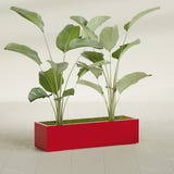 Cuba Low Rectangular fiberglass planter in Gloss Red, shown planted, in a sunlit interior