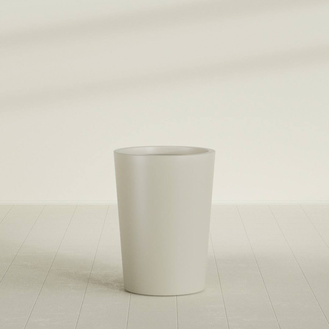 Tegel Round Tapered Planter in Satin Beige, 22"D × 30"H, shown empty