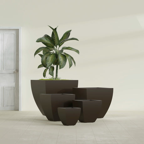 Lima Tapered Square fiberglass planter in Matte Dark Brown, size range, in a sunlit interior