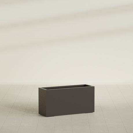 Hollywood Narrow Rectangular Planter in Matte Dark Brown, 36"L × 12"D × 24"H, shown empty