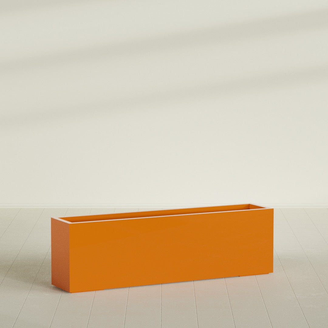 Miami Narrow Rectangular Planter in Gloss Tangerine, 60"L × 12"D × 18"H, shown empty