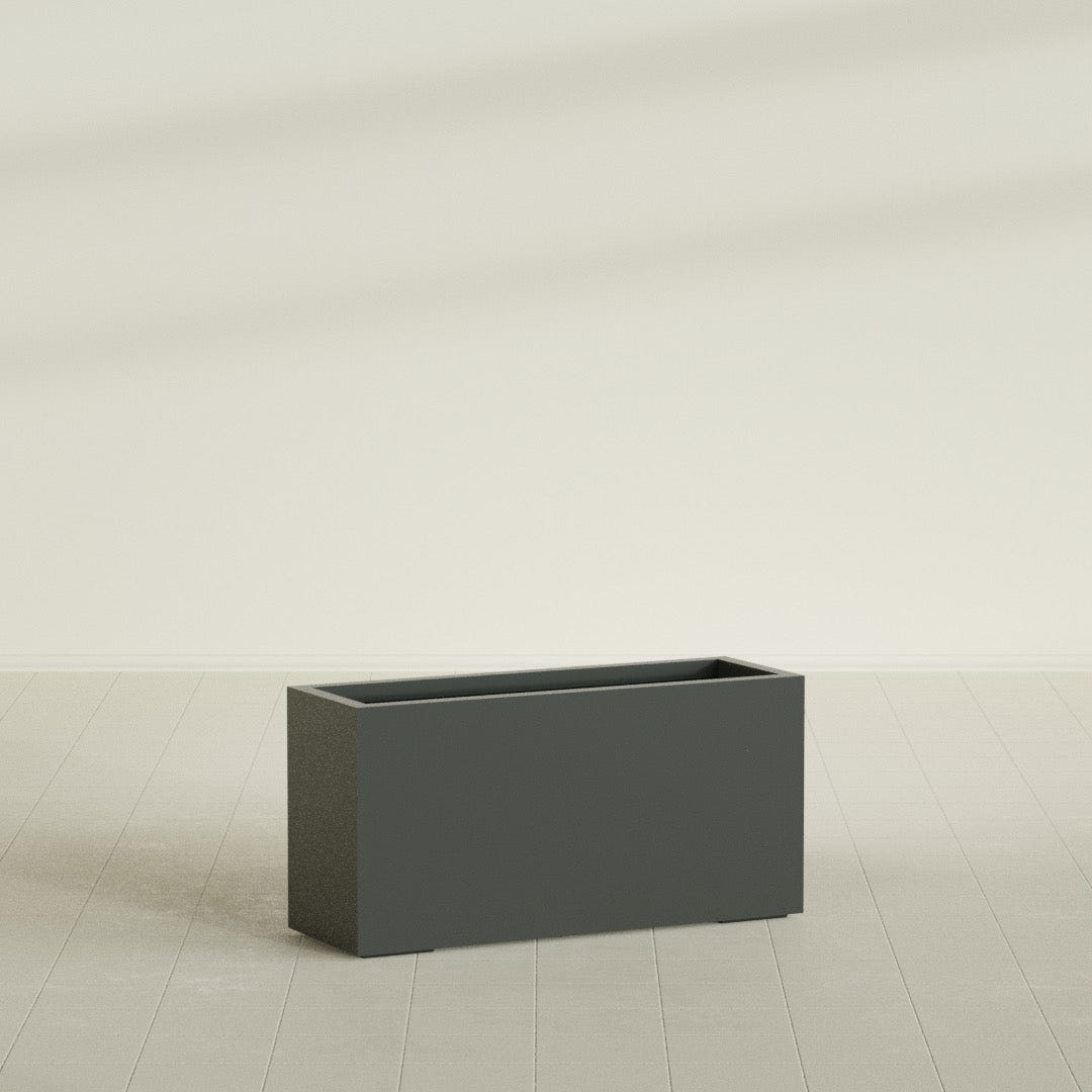 Miami Narrow Rectangular Planter in Matte Charcoal, 36"L × 12"D × 18"H, shown empty