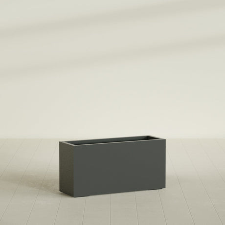 Miami Narrow Rectangular Planter in Matte Charcoal, 36"L × 12"D × 18"H, shown empty